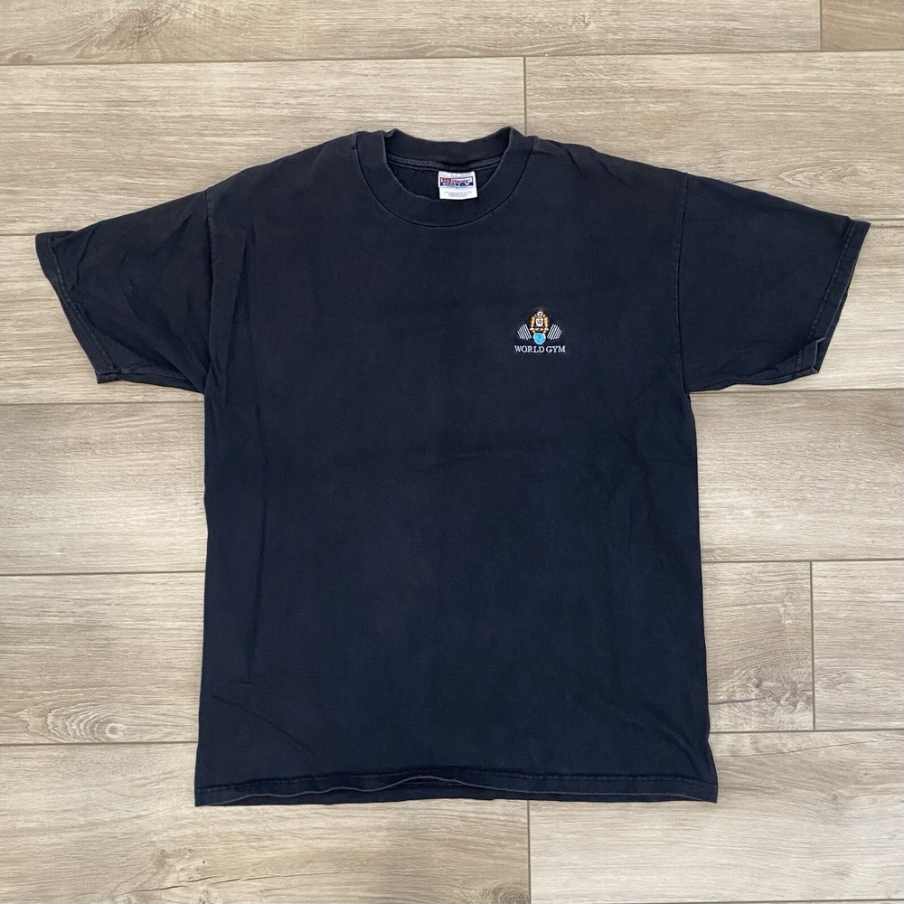 Vintage 90's World Gym Size Embroidered Black T-Shirt Men Size Large Y2K VTG Tee
